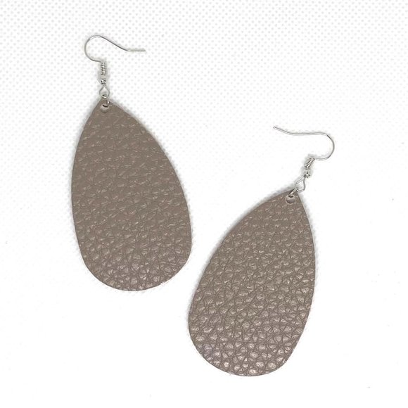Teardrop Faux Leather Earrings in Warm Pewter Gray Lightweight New Textured - Picture 2 of 4